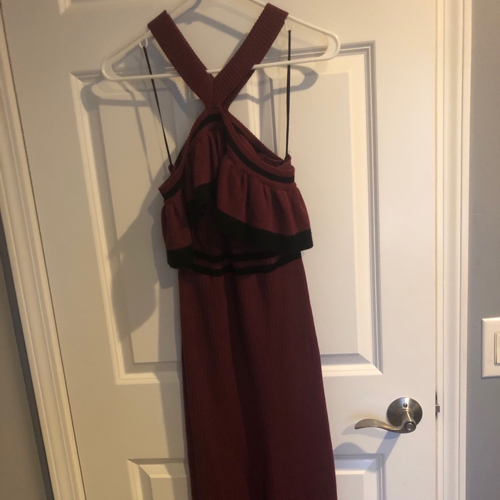 Maroon dress, strap neck with ruffle sleeves